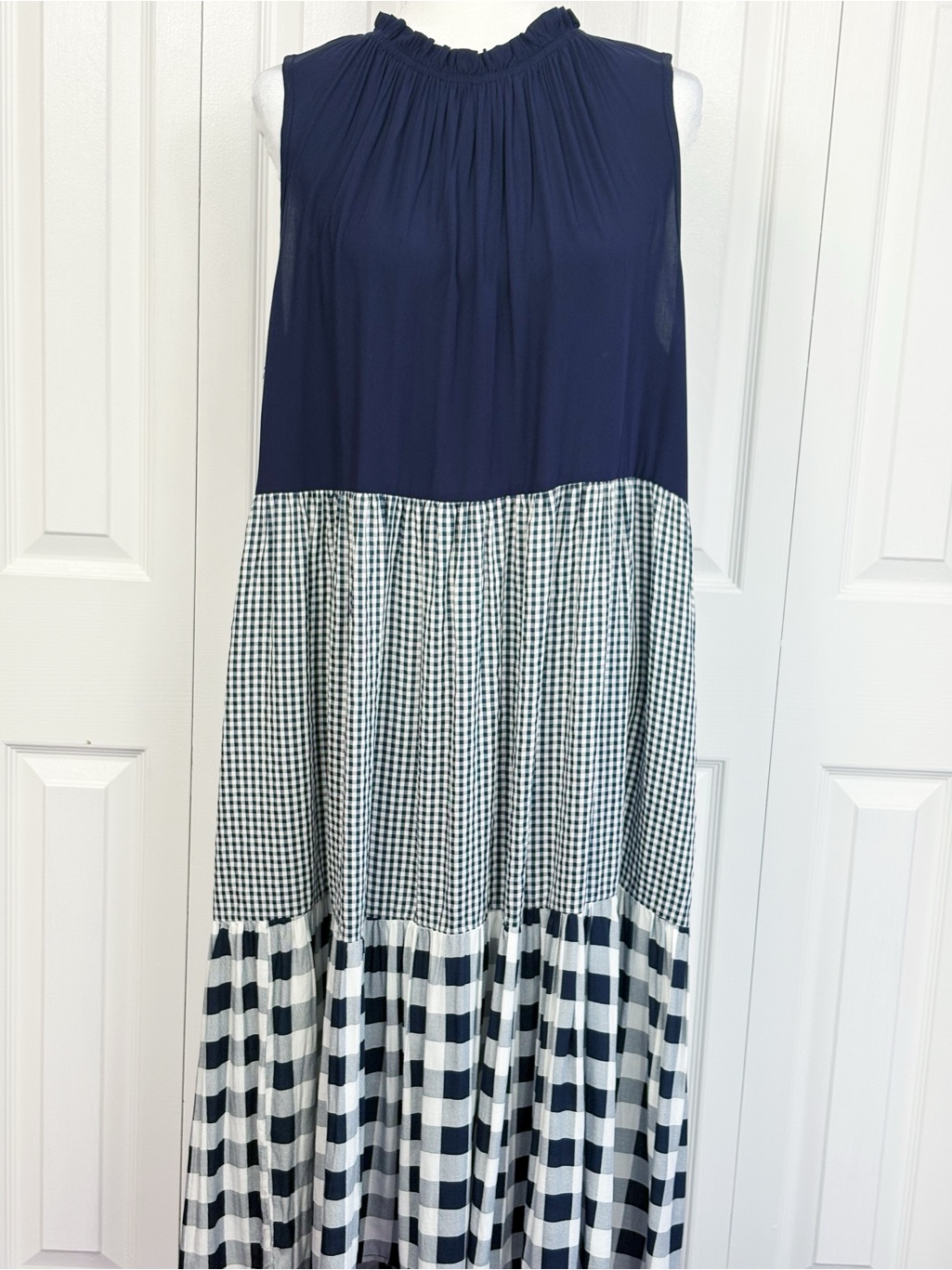Nwt Papillon Navy Blue Gingham & Check Print Tiered Shift Midi Dress Xl